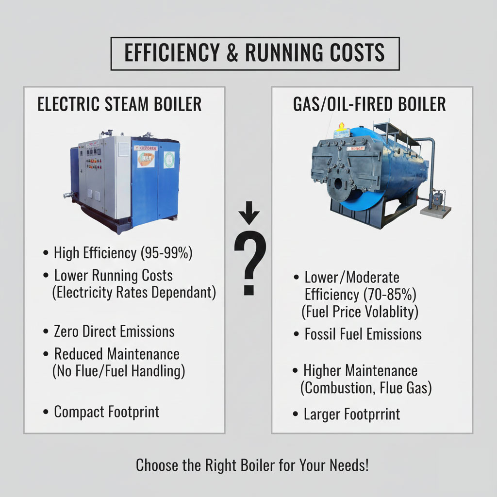 Compare the efficiency and running costs of electric steam boilers with gas or oil-fired boilers
