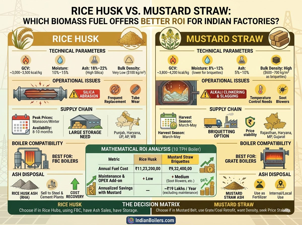 Rice Husk vs. Mustard Straw: Which Biomass Fuel Offers Better ROI for Indian Factories?