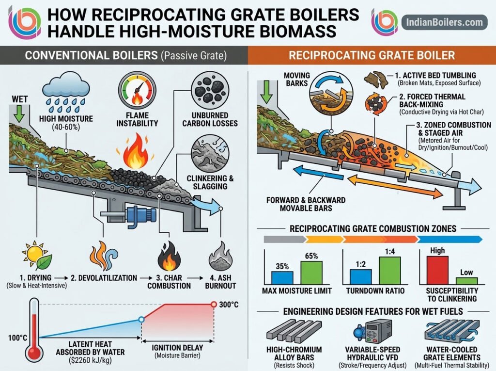 How Reciprocating Grate Boilers Handle High-Moisture Biomass Better Than Conventional Boilers