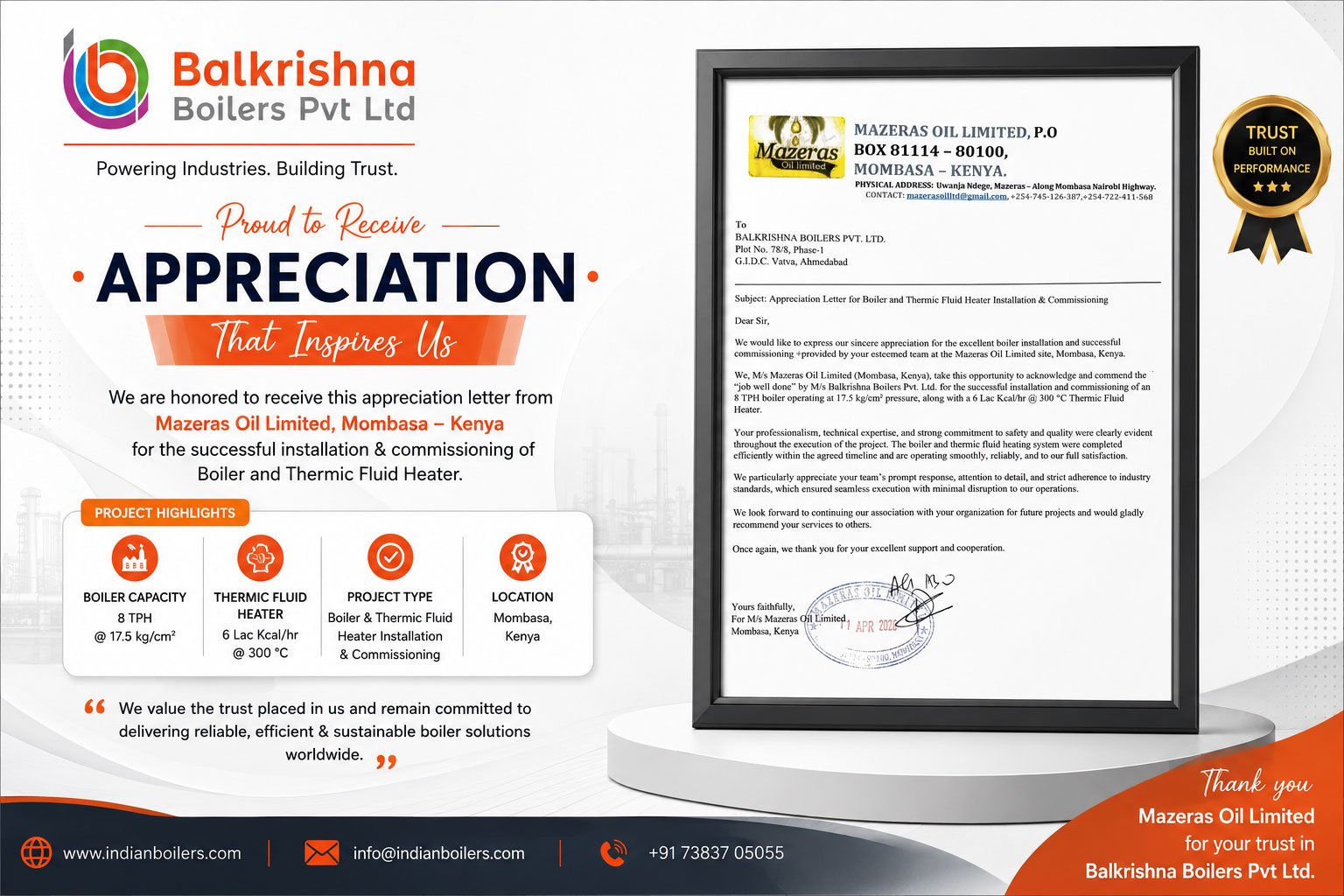 Appreciation Letter from Mazeras Oil Limited, Mombasa – Successful Boiler & Thermic Fluid Heater Installation by Balkrishna Boilers