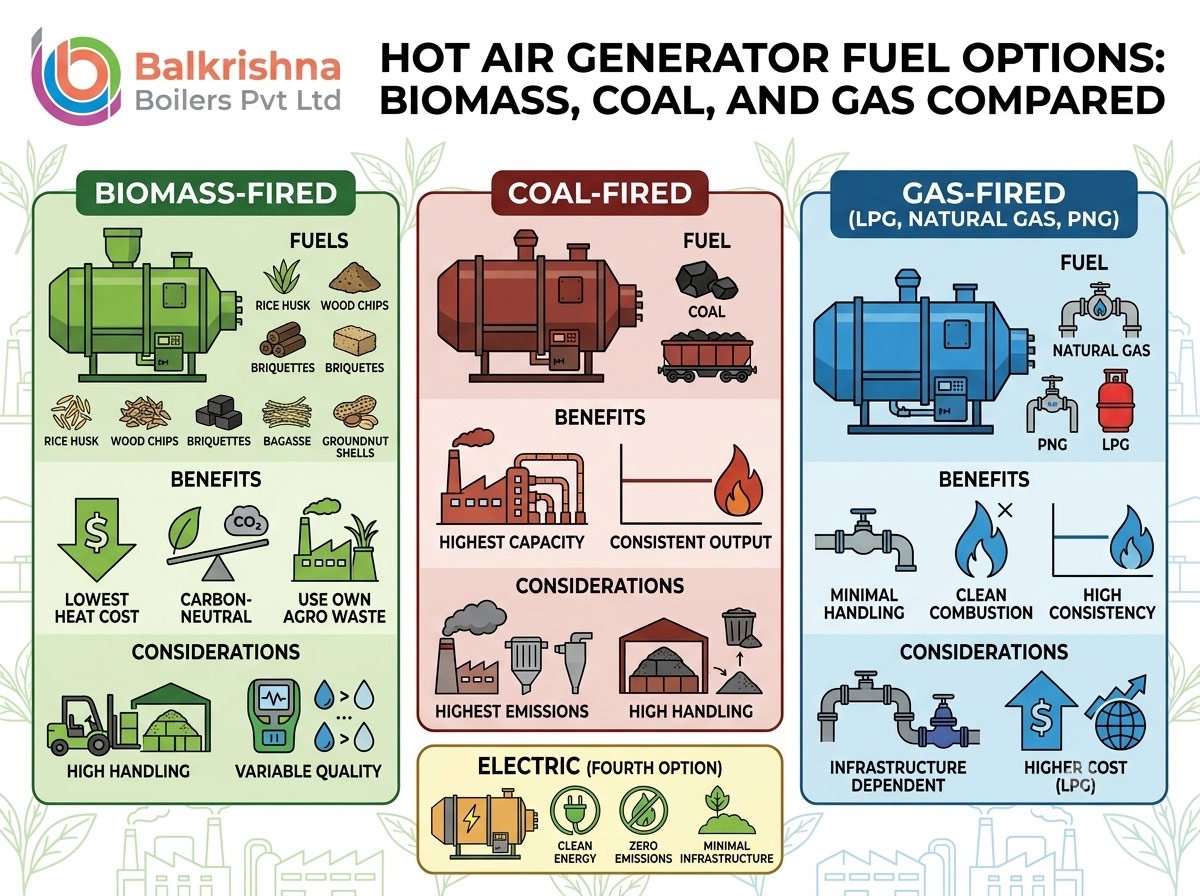 Hot Air Generator Fuel Options: Biomass, Coal, and Gas Compared